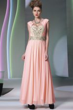 Fashion Pink Cap Sleeves Ankle Length Embroidery and Ruching Side Zipper Prom Party Dress