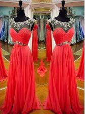  Chiffon Scoop Sleeveless Backless Sashes ribbons Prom Gown in Coral Red