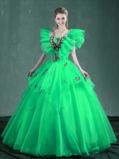 Stunning Turquoise and Apple Green Square Lace Up Embroidery Quinceanera Dresses Sleeveless