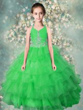  Green Organza Zipper Halter Top Sleeveless Floor Length Little Girl Pageant Dress Beading and Ruffled Layers
