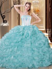  Strapless Sleeveless Quinceanera Gown Floor Length Embroidery and Ruffles Blue And White Organza
