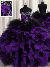 Sumptuous Floor Length Black And Purple Quinceanera Dress Sweetheart Sleeveless Lace Up