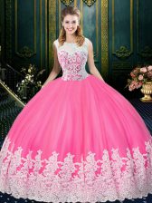Vintage Rose Pink Tulle Zipper Scoop Sleeveless Floor Length 15 Quinceanera Dress Lace and Appliques