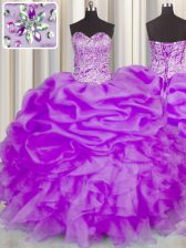 Fine Sleeveless Organza Floor Length Lace Up 15th Birthday Dress in Purple with Beading and Ruffles and Pick Ups