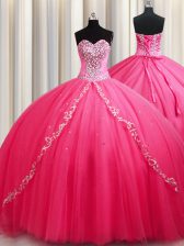Sexy Ball Gowns Sleeveless Hot Pink Sweet 16 Dresses Brush Train Lace Up