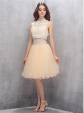  Champagne Zipper High-neck Beading and Embroidery Prom Gown Tulle Sleeveless