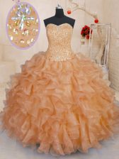 Delicate Sweetheart Sleeveless Quinceanera Gowns Floor Length Beading and Ruffles Orange Organza