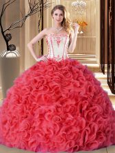 Beauteous Strapless Sleeveless Fabric With Rolling Flowers Ball Gown Prom Dress Embroidery and Ruffles Lace Up