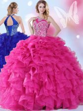 Elegant Halter Top Sleeveless Organza Floor Length Lace Up 15th Birthday Dress in Hot Pink with Beading and Ruffles