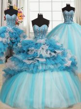 Nice Blue And White Sleeveless Beading and Ruffles Floor Length 15th Birthday Dress