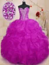  Fuchsia Ball Gowns Organza Sweetheart Sleeveless Beading and Ruffles Floor Length Lace Up 15th Birthday Dress