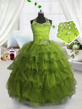 Customized Scoop Olive Green Ball Gowns Beading and Ruffled Layers Little Girls Pageant Gowns Lace Up Organza Sleeveless Floor Length