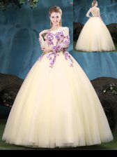 Discount Scoop Light Yellow Ball Gowns Appliques 15th Birthday Dress Lace Up Tulle Long Sleeves Floor Length