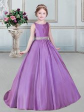  Scoop Sleeveless Taffeta With Brush Train Lace Up Little Girls Pageant Dress Wholesale in Lilac with Beading