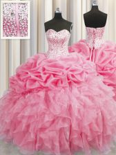 Deluxe Visible Boning Sleeveless Organza Floor Length Lace Up Quinceanera Dress in Rose Pink with Beading and Ruffles