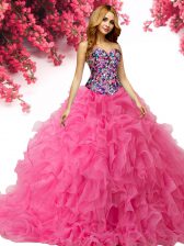 Fancy Floor Length Hot Pink Vestidos de Quinceanera Sweetheart Sleeveless Lace Up
