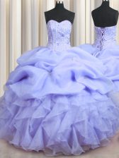  Visible Boning Lavender Organza Lace Up Quinceanera Dress Sleeveless Floor Length Beading and Ruffles