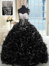 Designer With Train Lace Up Quinceanera Dress Black for Military Ball and Sweet 16 and Quinceanera with Beading and Ruffles Brush Train