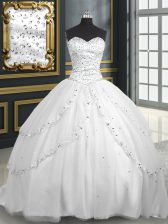 Traditional White Tulle Lace Up Sweet 16 Dresses Sleeveless With Brush Train Beading and Appliques