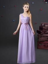 Sweet Lavender Empire Chiffon One Shoulder Sleeveless Lace and Appliques and Belt Floor Length Lace Up Quinceanera Court Dresses