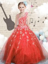 Orange Red Tulle Lace Up Kids Formal Wear Sleeveless Floor Length Appliques