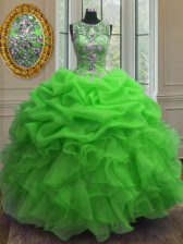  Scoop Beading and Ruffles and Pick Ups Ball Gown Prom Dress Green Lace Up Sleeveless Floor Length