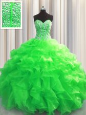  Visible Boning Green Ball Gowns Organza Sweetheart Sleeveless Beading and Ruffles Floor Length Lace Up Sweet 16 Quinceanera Dress