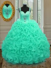 Latest Straps Apple Green Sleeveless Beading and Ruffles Floor Length Sweet 16 Dress