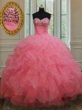  Rose Pink Lace Up Sweetheart Beading and Ruffles Quinceanera Gowns Organza Sleeveless