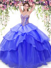 High Class Blue Ball Gowns Sweetheart Sleeveless Organza Floor Length Lace Up Beading and Ruffled Layers Vestidos de Quinceanera