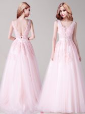 Clearance Baby Pink A-line V-neck Sleeveless Tulle Floor Length Backless Appliques and Belt Homecoming Dress