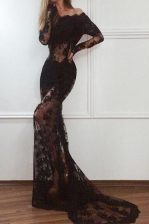 Eye-catching Mermaid Off the Shoulder Black Long Sleeves Lace Court Train Zipper Evening Dress for Prom