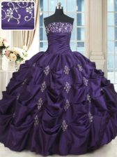 Smart Purple Lace Up Strapless Beading and Appliques Quince Ball Gowns Taffeta Sleeveless
