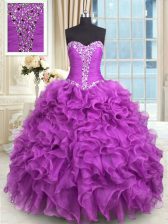 Popular Purple Ball Gowns Beading and Ruffles Sweet 16 Dresses Lace Up Organza Sleeveless Floor Length