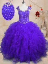  Sequins Purple Cap Sleeves Tulle Lace Up Sweet 16 Quinceanera Dress for Military Ball and Sweet 16 and Quinceanera