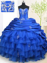 Nice Royal Blue Lace Up Quinceanera Gowns Beading and Appliques and Ruffled Layers and Pick Ups Sleeveless With Brush Train