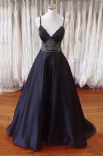 Vintage With Train Black Prom Gown Satin Sweep Train Sleeveless Beading