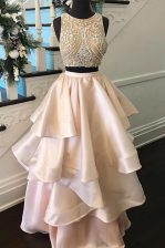 Flare Peach Prom Gown Prom with Beading Scoop Sleeveless Zipper
