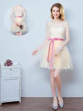  Champagne Tulle Lace Up Scoop Sleeveless Mini Length Court Dresses for Sweet 16 Lace and Appliques and Ruffles and Bowknot