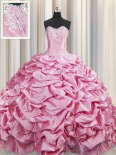  Rose Pink Taffeta Lace Up Sweetheart Sleeveless 15th Birthday Dress Brush Train Beading and Pick Ups