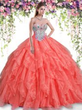 Excellent Orange Red Ball Gowns Sweetheart Sleeveless Organza Floor Length Lace Up Beading and Ruffles Sweet 16 Dresses
