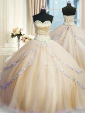 Glorious Champagne Sweetheart Neckline Beading and Appliques 15th Birthday Dress Sleeveless Lace Up