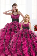 Luxury Floor Length Lace Up Ball Gown Prom Dress Hot Pink for Military Ball and Sweet 16 and Quinceanera with Beading and Appliques and Ruffles