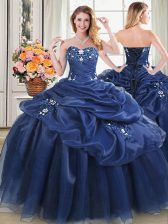  Navy Blue Ball Gowns Sweetheart Sleeveless Organza Floor Length Lace Up Beading and Pick Ups Sweet 16 Dress