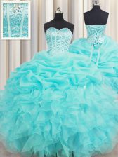 Perfect Visible Boning Baby Blue Ball Gowns Organza Sweetheart Sleeveless Beading and Ruffles and Pick Ups Floor Length Lace Up Vestidos de Quinceanera
