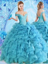 Great Off the Shoulder Sleeveless Organza Floor Length Lace Up 15 Quinceanera Dress in Baby Blue with Beading and Ruffles