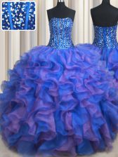  Strapless Sleeveless Lace Up Ball Gown Prom Dress Blue and Purple Organza