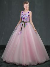 Attractive Scoop Floor Length Pink Quinceanera Gown Organza Sleeveless Appliques