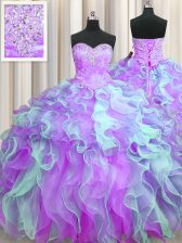  Beading and Appliques and Ruffles Sweet 16 Dresses Multi-color Lace Up Sleeveless Floor Length