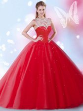 High Quality Beading and Sequins Quince Ball Gowns Red Zipper Sleeveless Floor Length